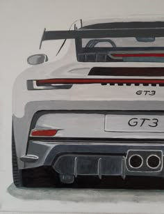 the back end of a white sports car painted in acrylic paint on paper