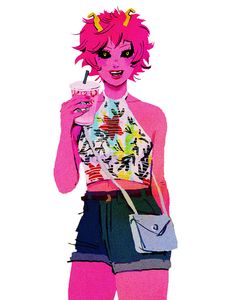 a drawing of a woman with pink hair holding a drink