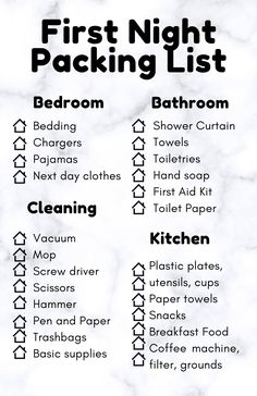 checklist for first night after moving Moving Bathroom Items, Packing Tips Moving Out Of State, Packing Quickly Moving Tips, Things You Need To Move Out, House Packing Tips Moving, Packing List For Moving Out Of Parents House, First Day Move In Essentials, Move In New House, First Day Box For Moving