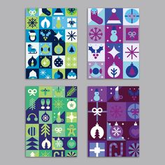 four different colored christmas cards on a gray background with snowflakes, ornaments and baubles