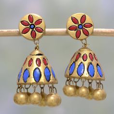 Painted with a glorious golden color, these dangle earrings from India are handcrafted of double-fired ceramic with floral discs that grace the earlobes above cones and round baubles. Petal motifs in red and blue are added to each earring, designed by Ritu Thapar. The dangle earrings swing from sterling silver posts. Terracotta Jewellery, Earrings In Gold, Gold Hands, Temple Jewellery, Golden Color, Jewelry Packaging, Jewelry Gift Box, Floral Painting, Clay Crafts