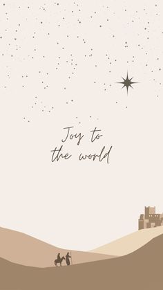 a christmas card with the words joy to the world and two people on camels