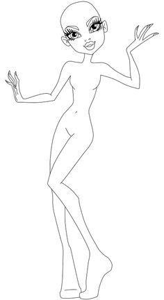 a drawing of an alien girl in black and white, with her arms spread out