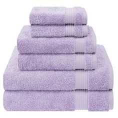 six lavender towels stacked on top of each other