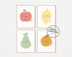 four cards with cute fruit on them