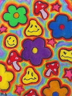 an abstract painting with flowers and smiley faces