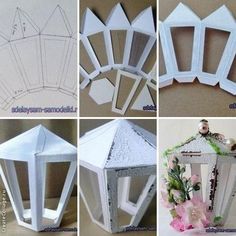 four pictures of different shapes and sizes of paper lanterns with flowers on each one side