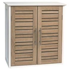 a wooden cabinet with two doors and shutters on the front, against a white background