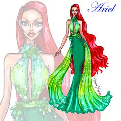 a drawing of a woman in a green dress with long red hair wearing a tiara