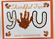 a handprinted thank you card with the words, happy thanksgiving