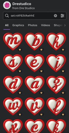 hearts with letters and numbers are shown in this screenshote screen shot from the app