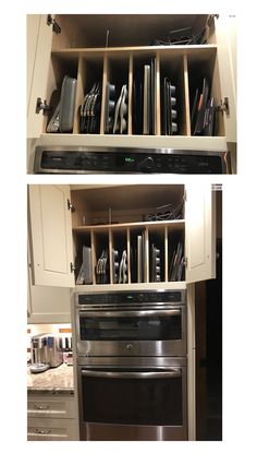 two pictures of the same kitchen cabinets with utensils in them, and an open drawer