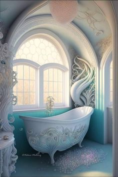 a bathroom with a white bath tub sitting next to a window