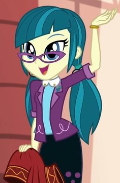 a cartoon girl with blue hair and glasses holding a red purse in her right hand