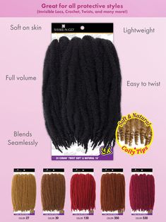 FreeTress Equal 3X CUBAN TWIST SOFT & NATURAL 16" BRAND : Shake N Go / EqualTYPE: Braiding HairSTYLE: Cuban TwistMATERIAL: Synthetic HairLENGTH: 16"HEAT RESISTANT: YesDYE/BLEACH/PERM: NoCOLOR SHOWN: 30, 350, 1BDESCRIPTION: Our signature Cuban Twist® gets a modern upgrade with a super soft, superlight texture with curly tips. Great for all protective styles  Invisible Locs, Crochet, Twists, and many more Pre-stretched, Pre-fluffed, & Pre-curled tips Blends seamlessly with type 4 hair Flame retar Crochet Twists, Cuban Twist, Curly Tips, Invisible Locs, Clip In Weave, Crochet Braids Twist, Wavy Weave, Grey Hair Pieces, Senegalese Twist Braids