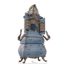 an antique blue dresser with ornate carvings on the front and sides, sitting against a white background