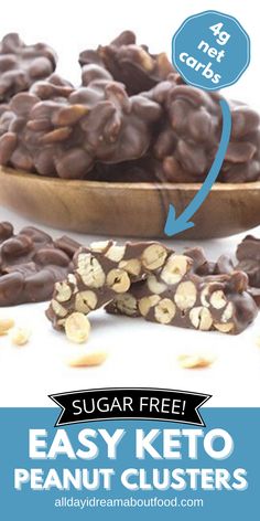 a wooden spoon filled with chocolate peanut clusters and the words sugar free easy keto