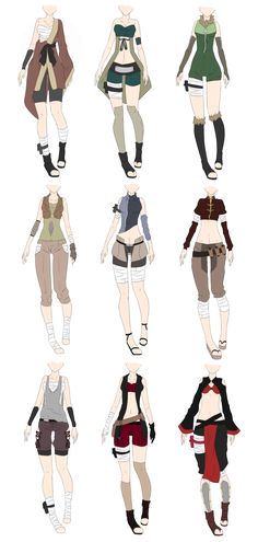 an image of different outfits for anime characters