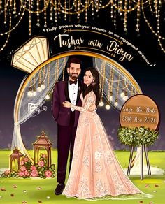 a wedding card with a couple in front of a ferris wheel