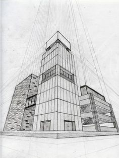 a drawing of a tall building with lots of windows on the top and bottom floor