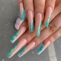 Gold Teal Nails, Teal And Gold Nails, Nail Asthetic, Teal Acrylic Nails, Turquoise Nail Designs, Teal Nail Designs, Aqua Nails, Teal Nails, Turquoise Nails