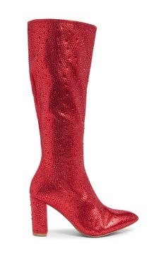 Glistening rhinestones shimmer like a disco ball under dance floor lights in these tall party-perfect boots finished with a covered heel and pointed toe. 3 2/3" heel 15" shaft Full side zip closure Synthetic upper, lining and sole Imported Dance Floor Lights, Guy Shoes, Single Sole Heels, Shoe Model, Red Boots, Beautiful Boots, Flash Photography, Red Glitter, Ankle Strap Heels