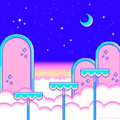 an old - school style pixel art scene with pink and blue buildings in the background