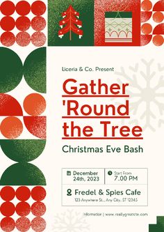 a poster for the christmas eve bash with red and green decorations on it, including a tree