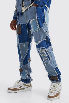 Patchwork Jeans Men, Mens Patchwork Jeans, Reworked Jeans, Patchwork Denim Jeans, Jeans Patch, Denim Jacket And Jeans, Patchwork Denim Jacket, Race Day Outfits, Going Out Trousers