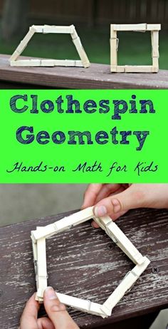 two children playing with clothespin geometrics on a wooden bench and text overlay that reads, clothespin geometrics hands - on math for kids