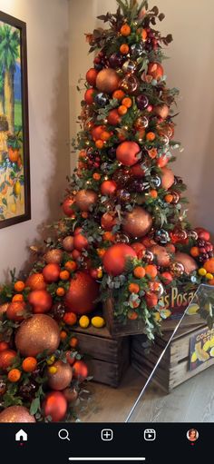 a christmas tree is decorated with oranges and pomegranates on it