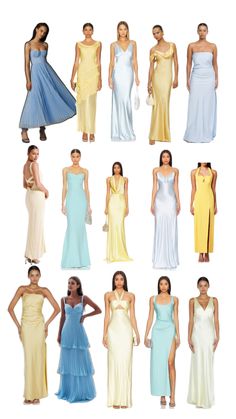 many different types of dresses on display in front of a white background with the same woman's face