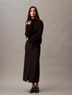 Structured Stretch Skirt | Calvin Klein High Waist Skirt With Split Design For Work, Modern Fitted Asymmetrical Skirt, Modern Asymmetrical Skirt For Night Out, Chic Evening Pencil Skirt For Fall, Chic Fall Evening Pencil Skirt, Sleek Midi Skirt, Modern Asymmetrical Skirt For Fall, Fitted Maxi Skirt For Fall Workwear, Chic High-waist Pencil Skirt With Split Design