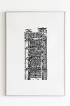 A drawing of the HSBC Main Building in Hong Kong by Foster+ Partners. The piece of artwork is made with black fine liner on white paper. It is elevated in a thin silver frame on a white background. Foster Partners, Architecture Sketch, A Drawing, Limited Edition Prints, Architecture Drawing, Pen And Ink