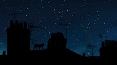 the night sky is filled with stars and silhouettes of buildings