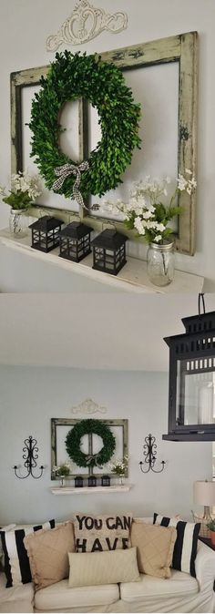 two pictures of a living room with white furniture and wreaths on the mantel