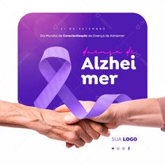 two hands are holding a purple ribbon with the words alche mer in spanish on it