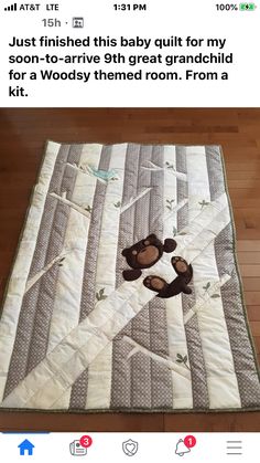 a baby quilt with two teddy bears laying on it and the caption reads, just finished this baby quilt for my son - native birth