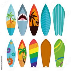 set of surfboards with different designs and colors on the boards are isolated against a white background