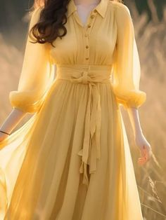 Gagarich 2024 New Gentle Forest Style Long Yellow Chiffon Dress Spring Autumn Elegant French Style Yellow Chiffon Dress, Forest Style, Dress Spring, French Style, Spring Dresses, Yellow Dress, Chiffon Dress, Vintage Dresses, Chiffon