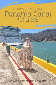 a woman standing on the side of a pier next to a body of water with a cruise ship in the background