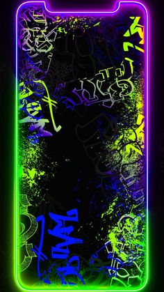 an abstract painting with neon colors and graffiti on it's back side, in the dark