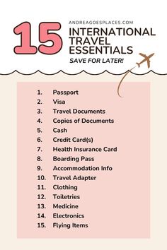 the 15 international essentials to save for later info sheet with text overlaying it