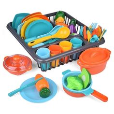 a basket filled with lots of different colored dishes and utensils on top of each other