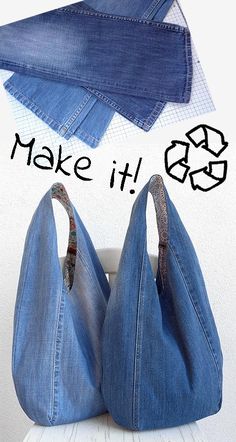 two denim bags sitting next to each other on top of a white table with the words make it