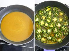 two pictures showing the process of cooking green peppers and broth in a skillet