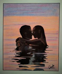 a painting of two people in the water with their backs to each other, facing each other