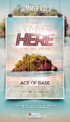 a flyer for an event with a small island in the water and trees on it