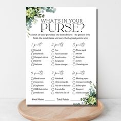 what's in your purse? printable wedding checklist with greenery and succulents