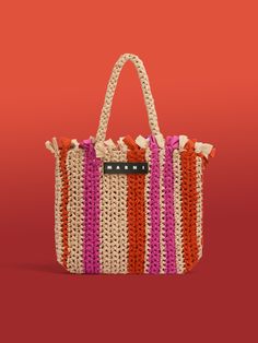 MARNI MARKET JERSEY bag in beige and fuchsia cotton | Marni Striped Crochet Bag, Rafia Bag, Winter Tote, Marni Market, Cotton Shopping Bags, Marni Bag, Crochet Market Bag, Trunk Bag, Raffia Bag